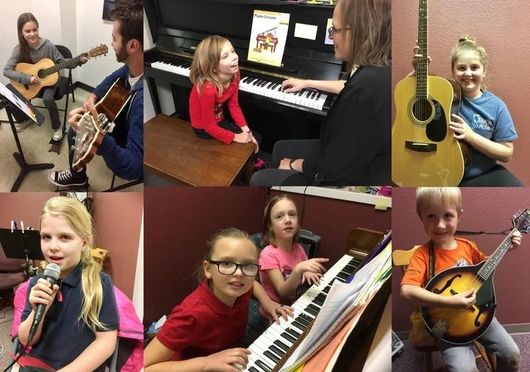 A collage shows music students playing guitars, piano, and singing with instructors during lessons.
