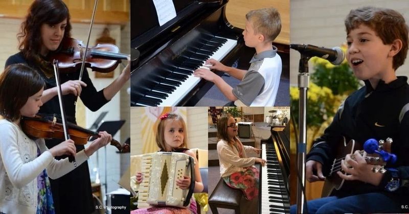 A collage showing children and an adult performing music on violin, piano, accordion, and guitar.