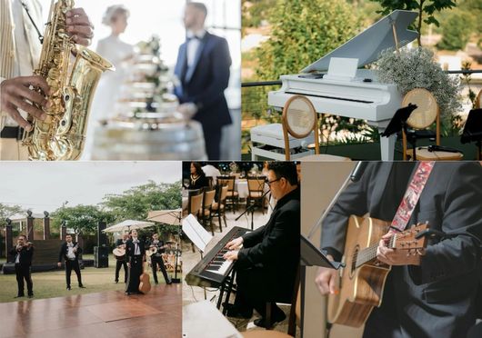 A collage showing musicians playing saxophone, piano, and guitar at formal wedding events.