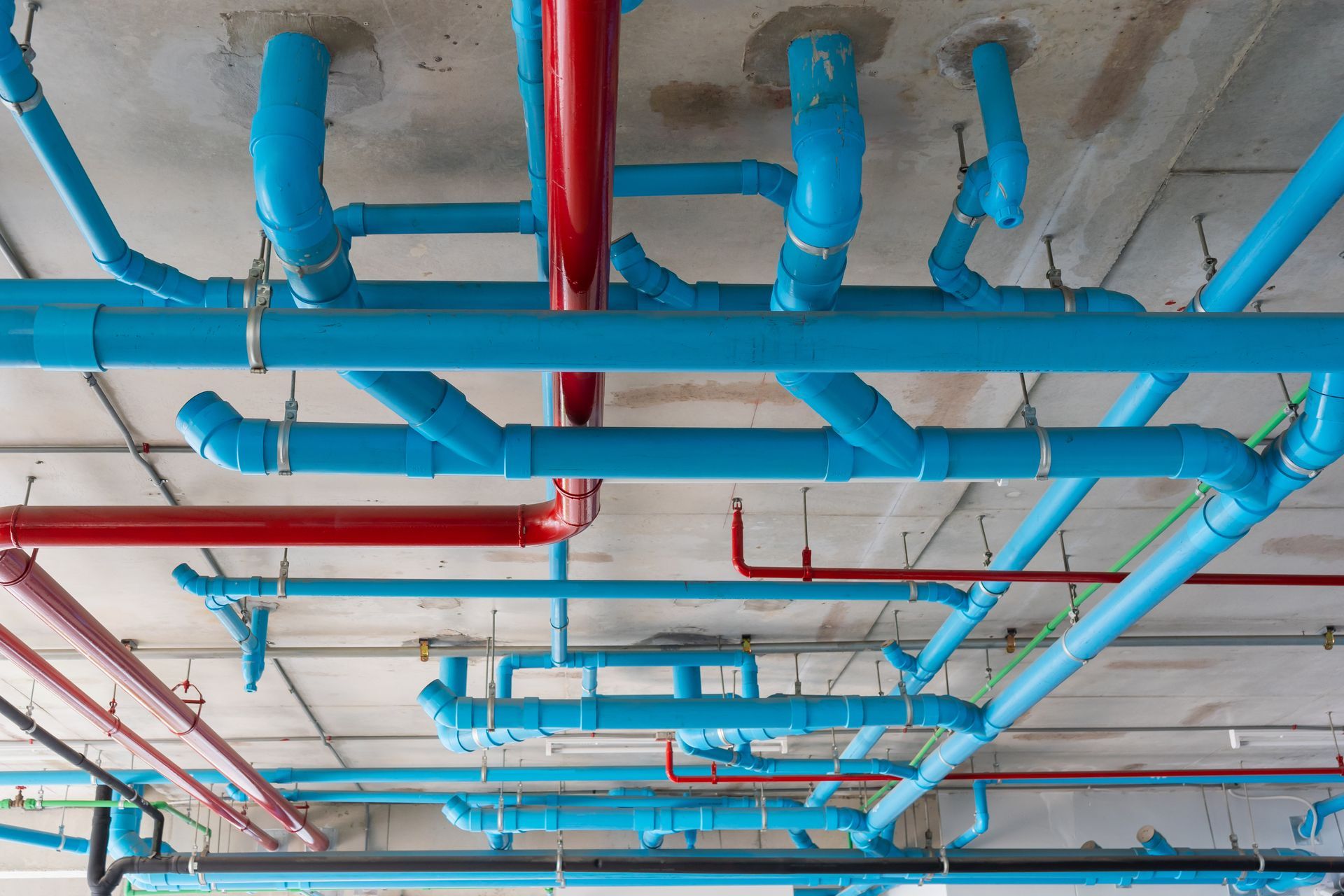 A bunch of blue and red pipes are hanging from the ceiling of a building.
