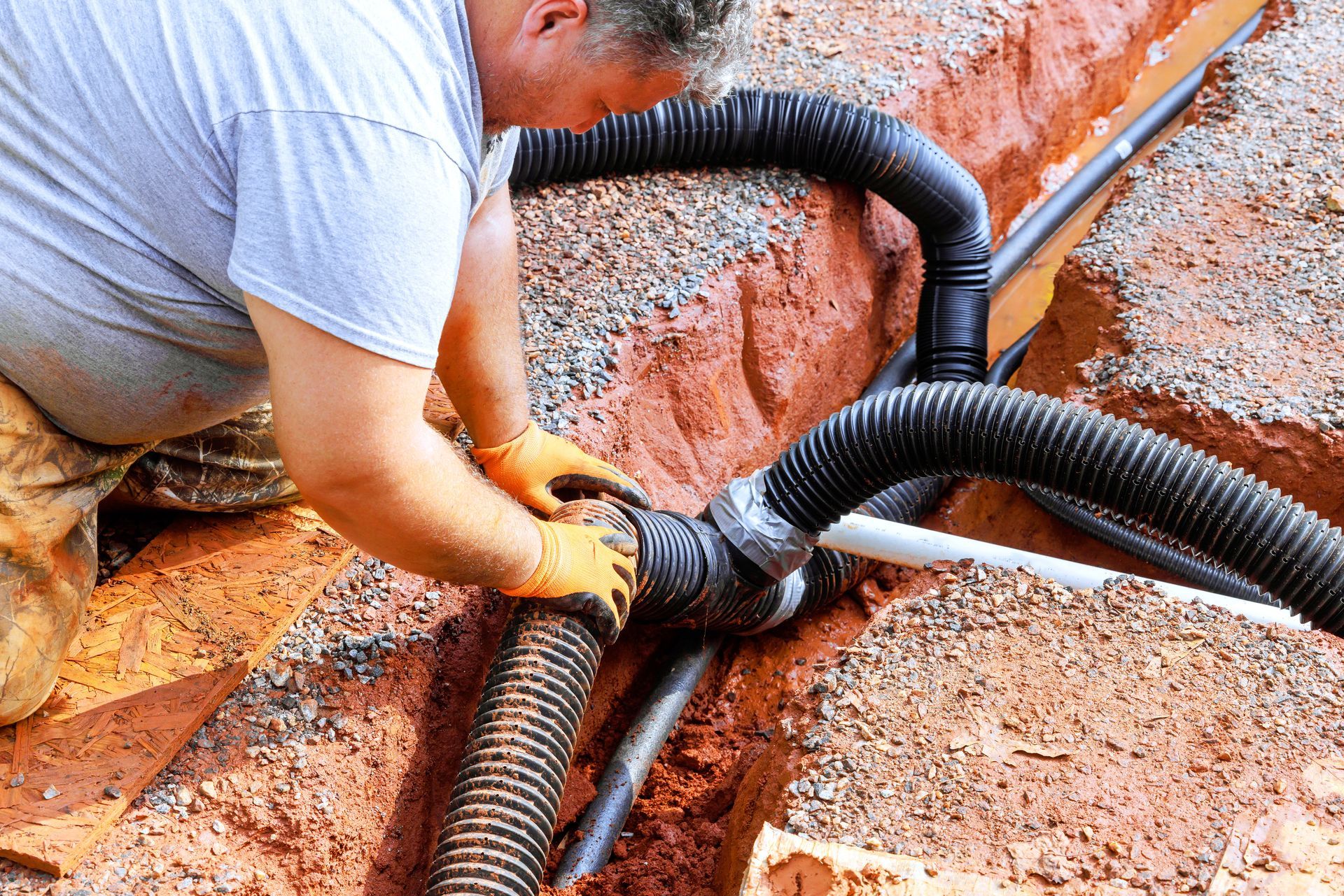 A man is kneeling down in the dirt holding a vacuum hose.