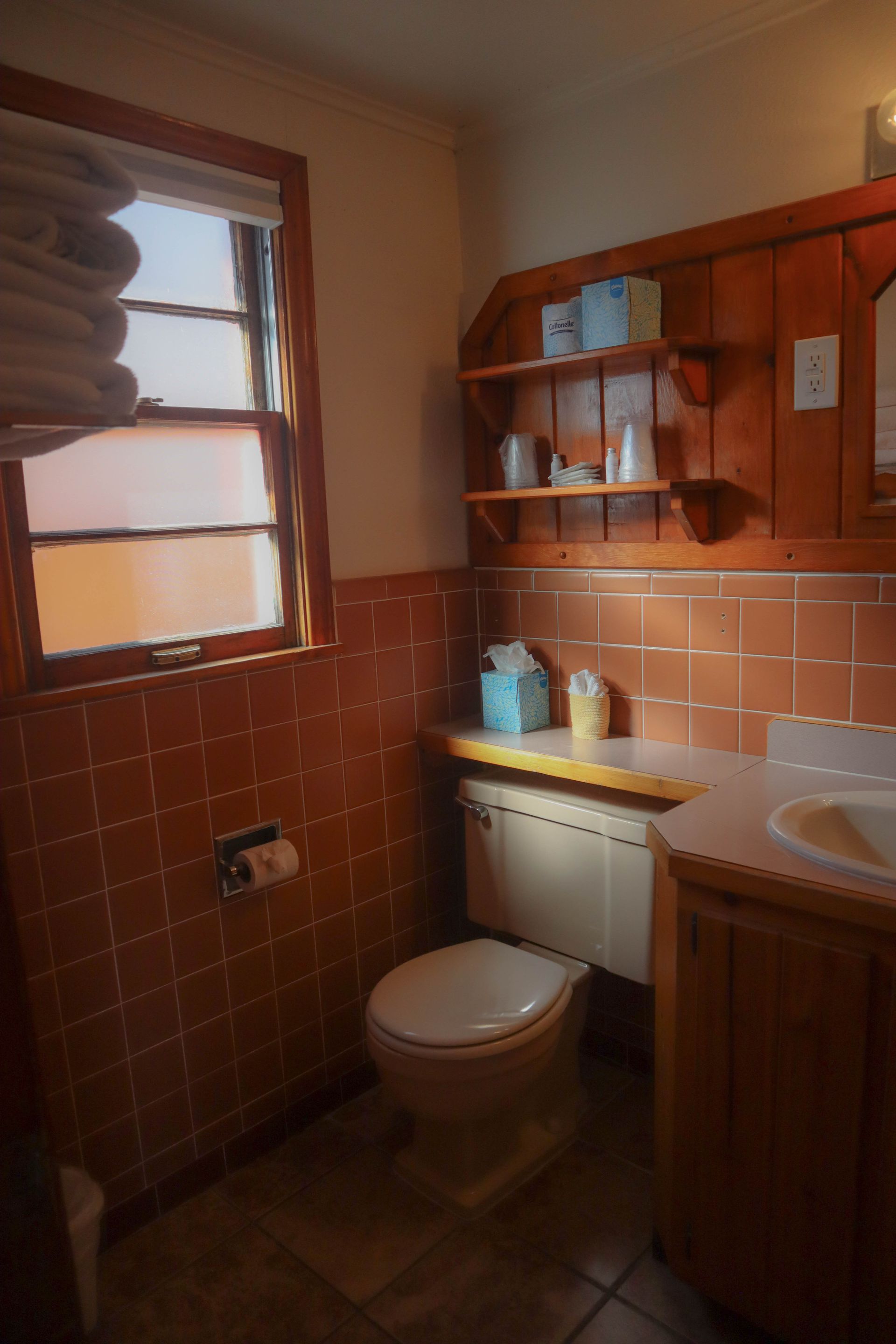 A bathroom with a toilet a sink and a window