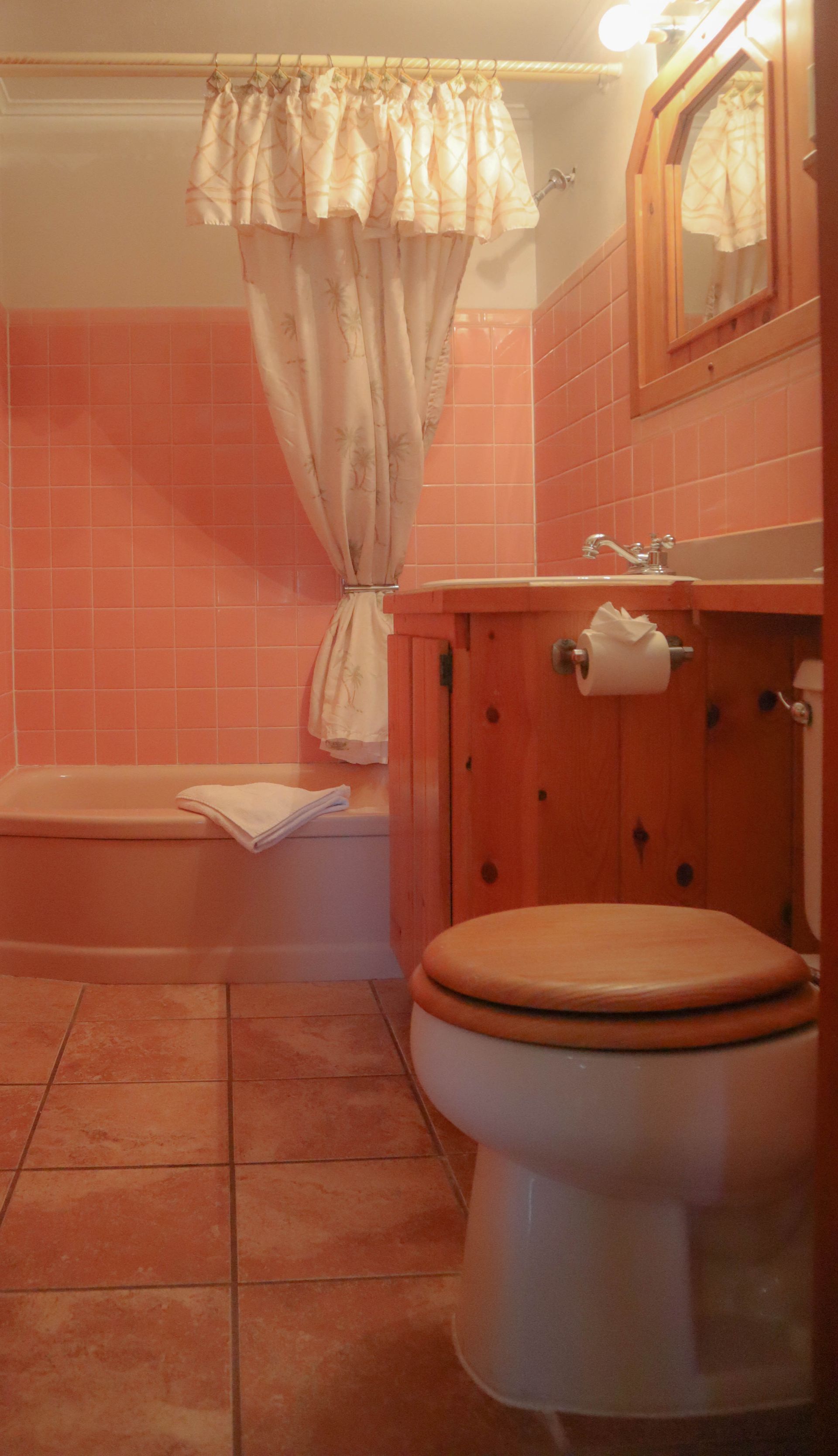 A bathroom with a toilet , sink , and shower curtain.