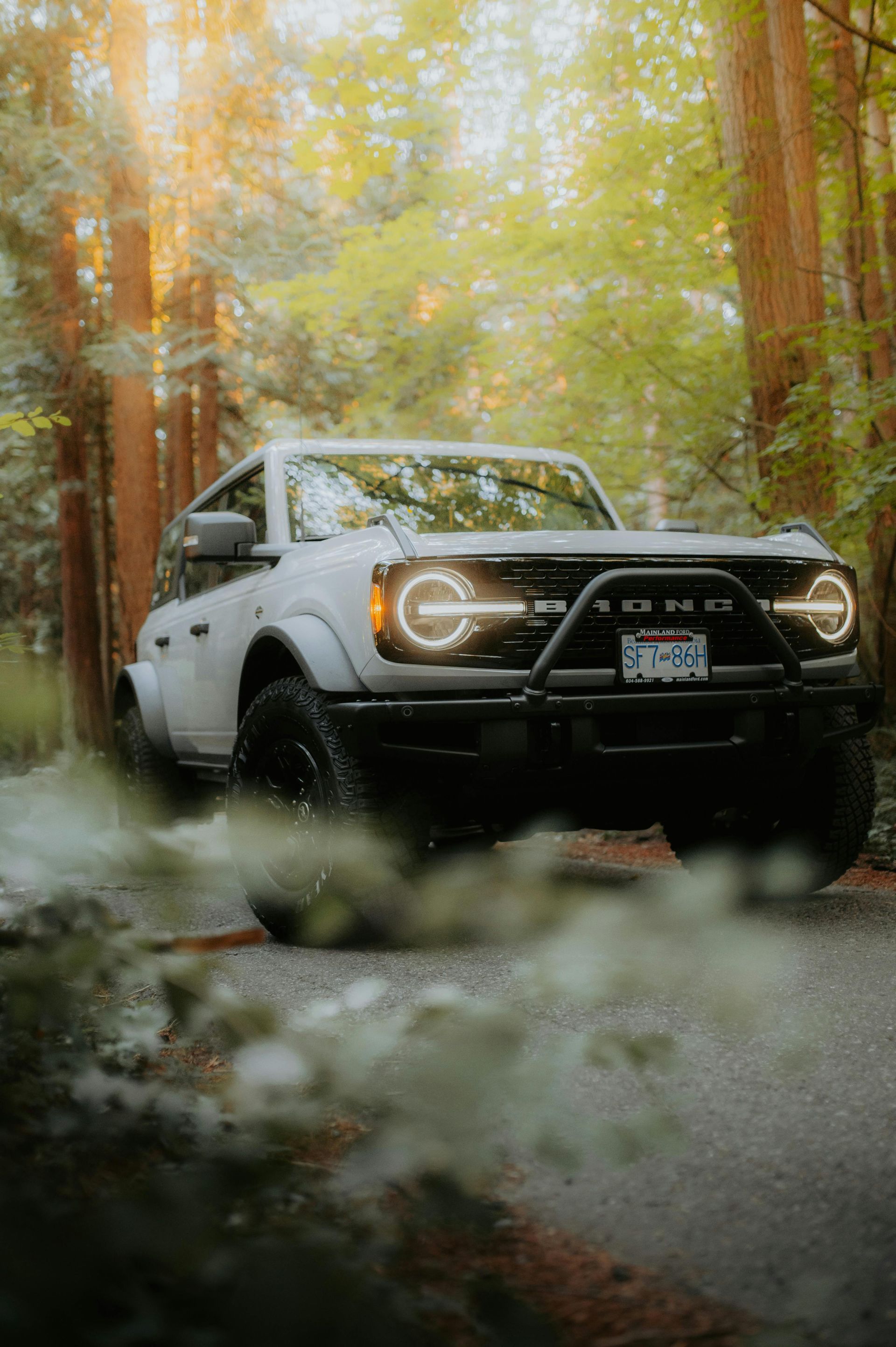 A white ford bronco is parked on the side of a road in the woods.