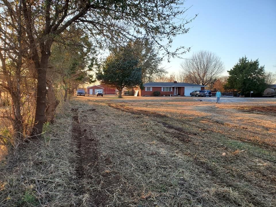 Grassy yard with a house, trees, and a person walking in the distance; sunny day.