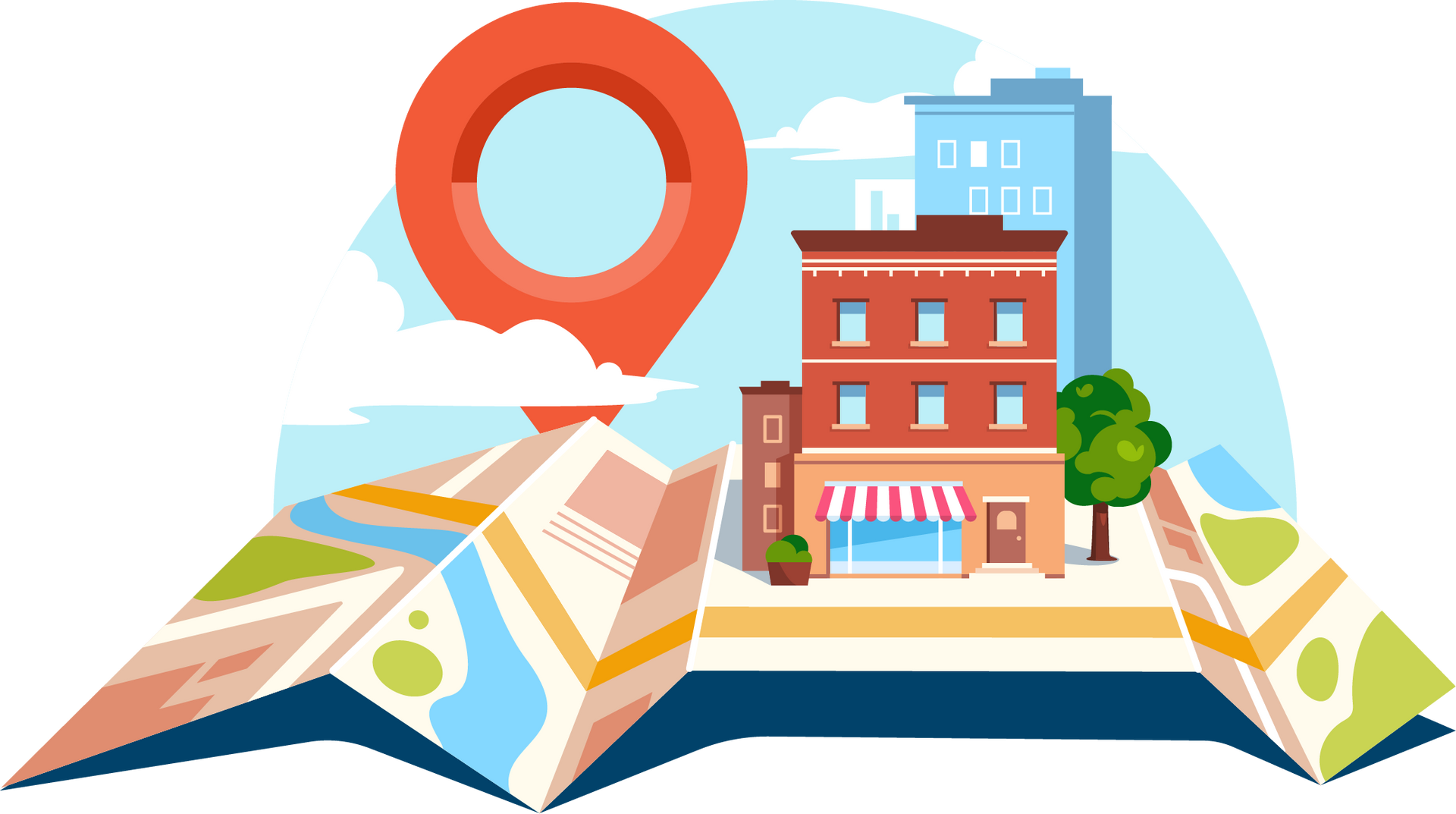 A map with a building and a red pin on it.