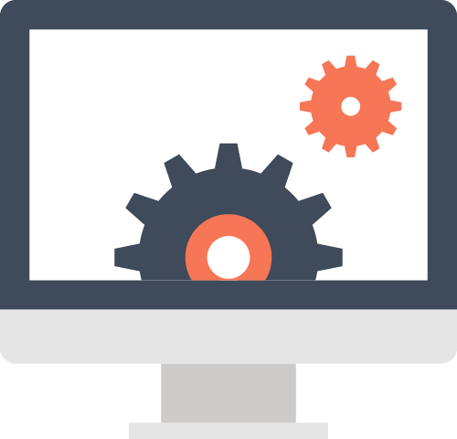 A computer monitor with a gear on the screen.