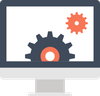 A computer monitor with a gear on the screen.
