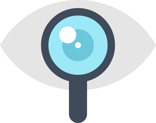 A blue eye looking through a magnifying glass 