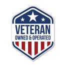 A veteran owned and operated sticker with an american flag.