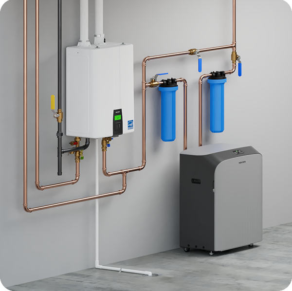 A residential water heater system with blue filters, and a gray water softener installed against a concrete wall.