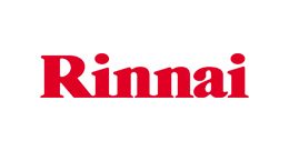 A red logo for a company called rinnai on a white background.