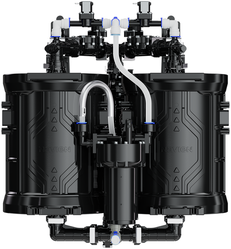Black water filtration system with multiple components and tubing.