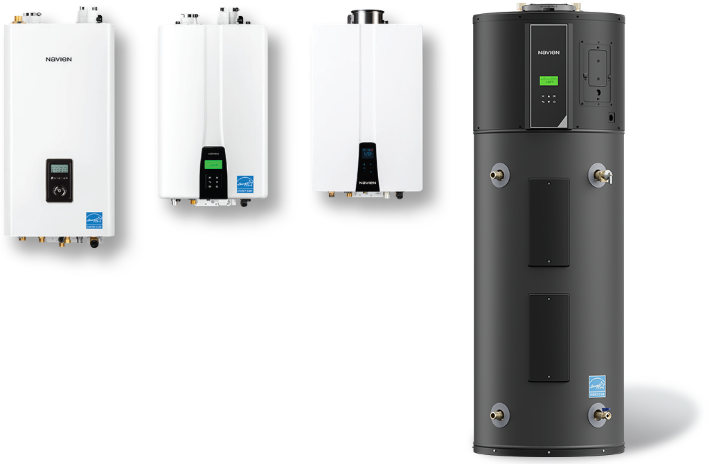 Gas and electric water heaters: three white wall-mounted units and one tall, cylindrical black unit.