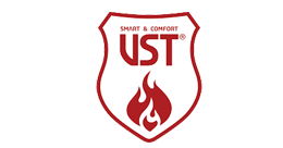 A red shield with the word ust on it