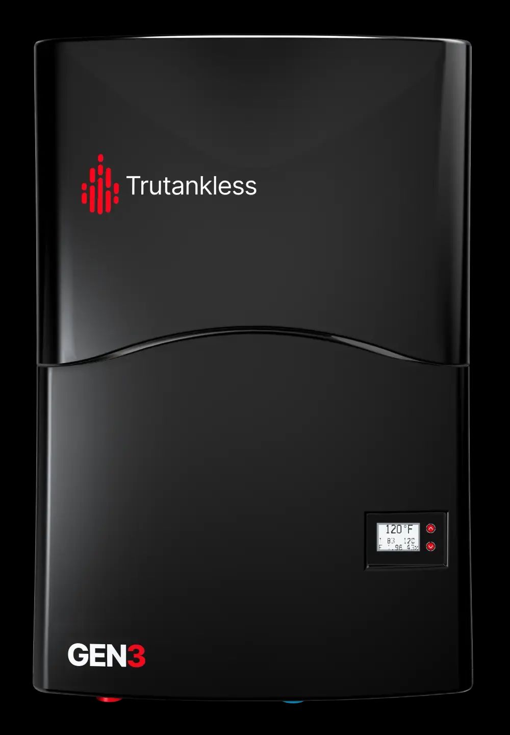 Black Trutankless GEN3 water heater with a red logo and digital display.