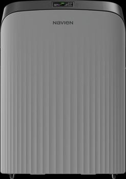 Gray Navien air purifier, vertical design with ribbed front. Digital display on top.