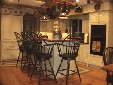 white kitchen with black chair stools - Roger S Wright Furniture LTD, Blooming Glen, PA.