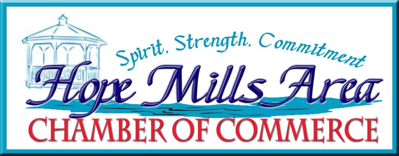 Logo for Hope Mills Area Chamber of Commerce with a gazebo, text in blue and red on a light blue background.
