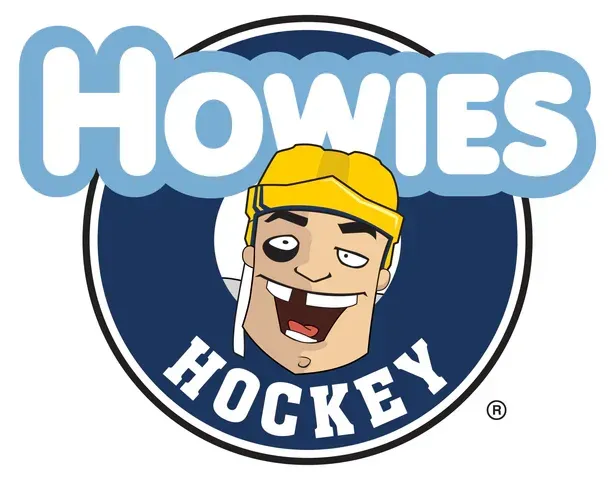A logo for howies hockey with a cartoon hockey player