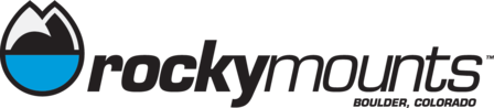 A logo for rockymounts boulder colorado with a mountain in the background