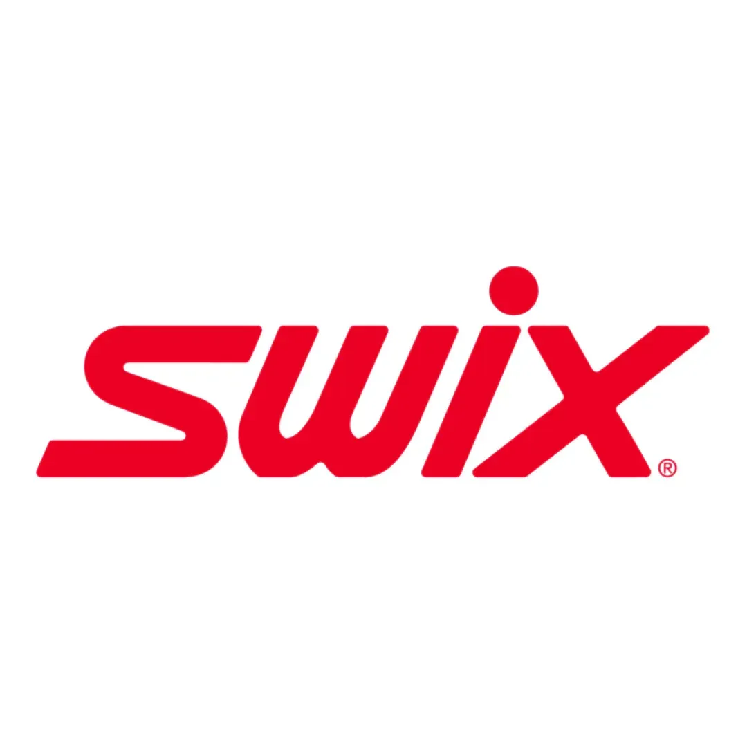 A red and white logo for swix on a white background