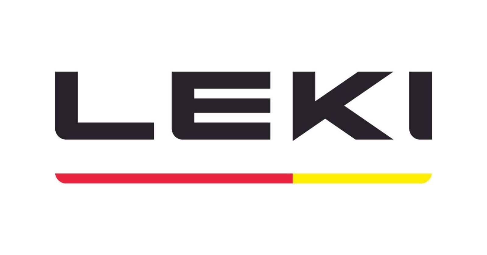 The logo for leki is black and red with a yellow stripe.