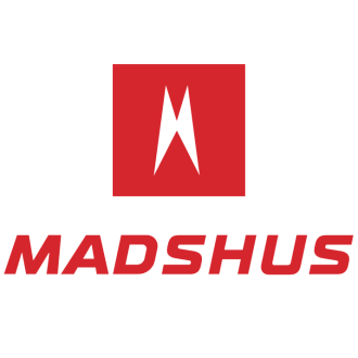 A red and white logo for madshus on a white background