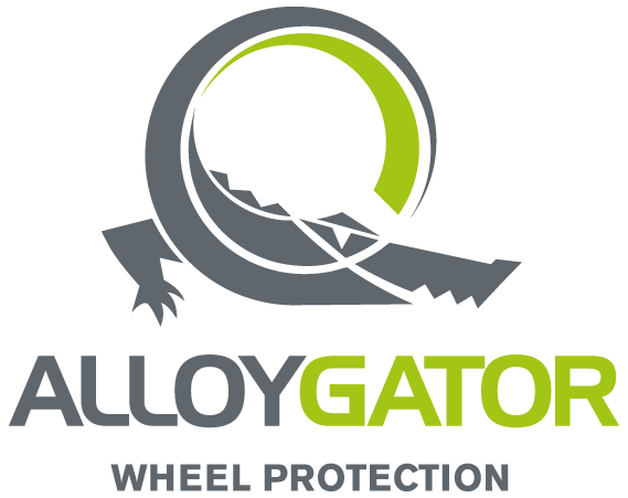 A logo for alloygator wheel protection with an alligator on it