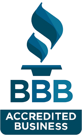 The bbb logo is an accredited business with a blue flame coming out of it.