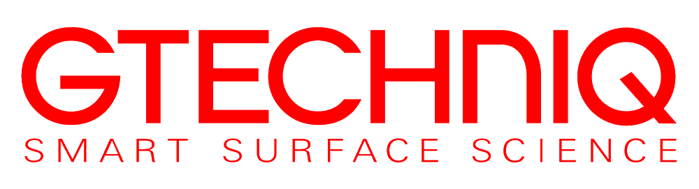 A red and white logo for gtechiq smart surface science