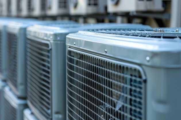 A row of air conditioners are lined up next to each other on a building.