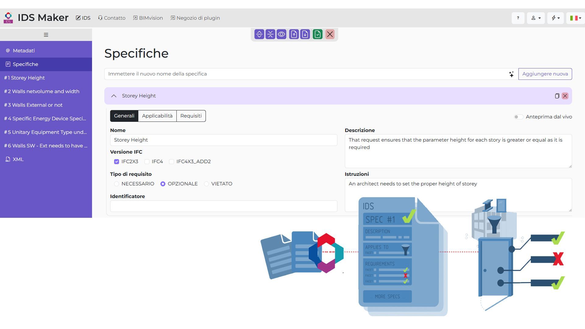 Schermata dell’applicativo per la creazione di un IDS con le tre sezioni principali 