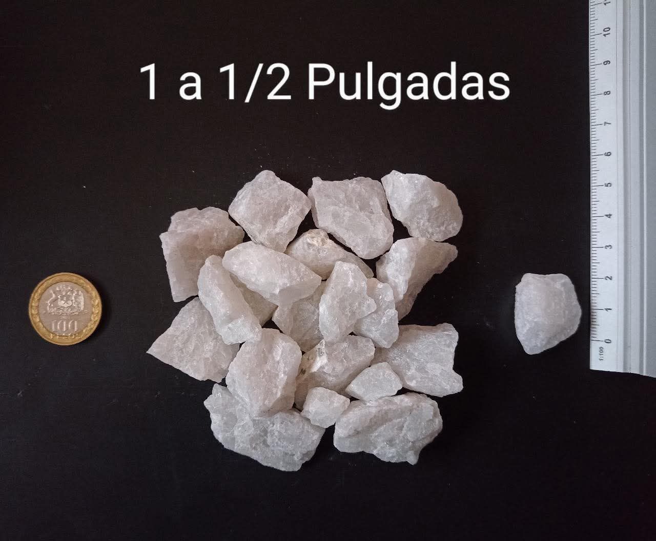 Rocas blancas, de aproximadamente 1 a 1,5 pulgadas, junto a una moneda y una regla para comparar tamaños sobre una superficie negra.