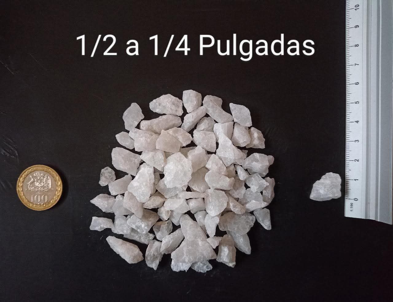 Montón de grava blanca, etiquetado de 1/2 a 1/4 de pulgada, junto a una moneda y una regla para comparar el tamaño.