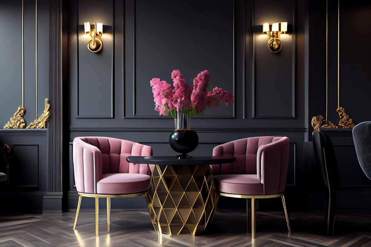 Pink chairs, black table with gold base, pink flowers, dark wall with sconces.