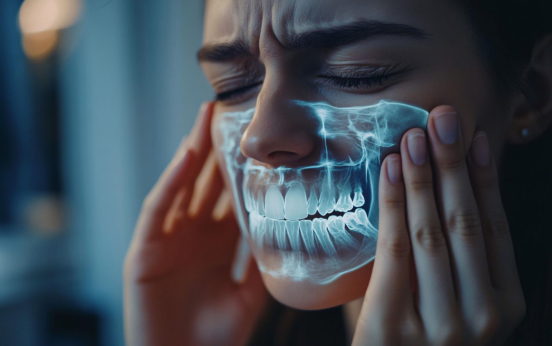 A woman is holding her face in pain because of a toothache.
