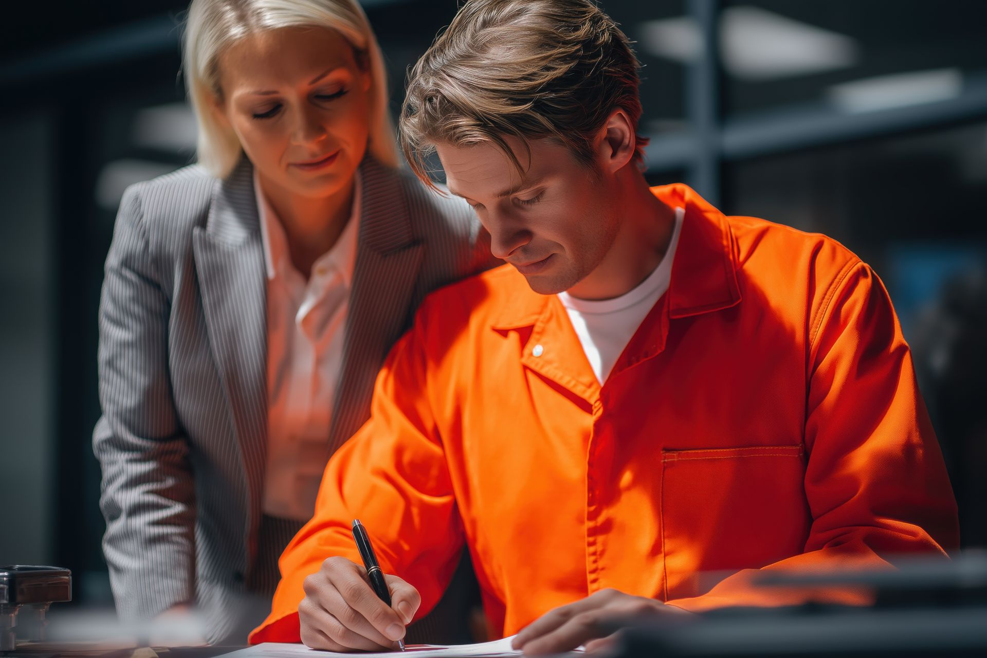 CRIMINAL DEFENSE ATTORNEY CONSULTING WITH CLIENT IN ORANGE JUMPSUIT SIGNING LEGAL DOCUMENTS. CRIMINAL DEFENSE ATTORNEY CONSULTING WITH CLIENT IN ORANGE JUMPSUIT SIGNING LEGAL DOCUMENTS.