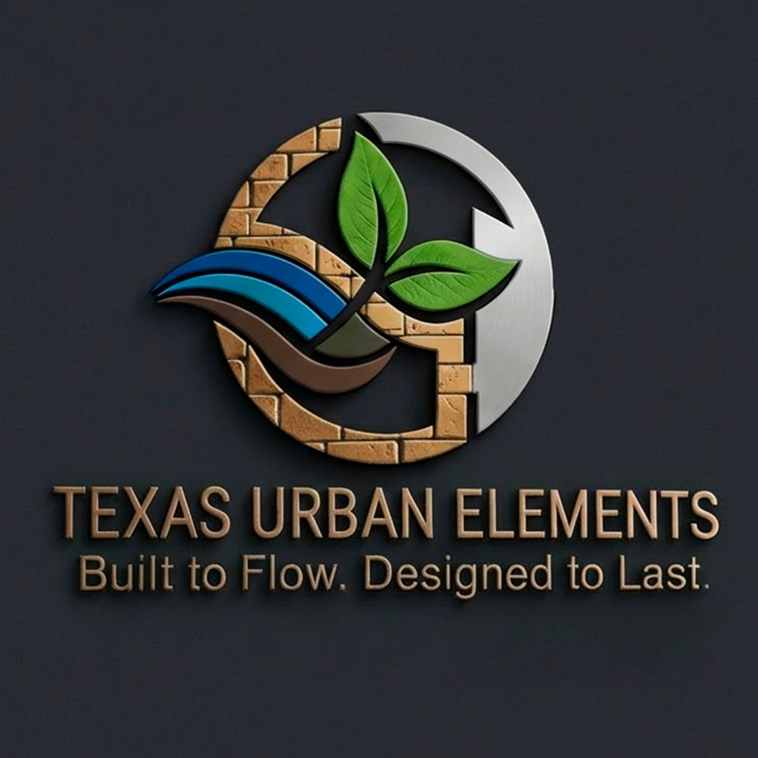 Logo for Texas Urban Elements, a landscaping company, featuring a cowboy hat, star, and website address.