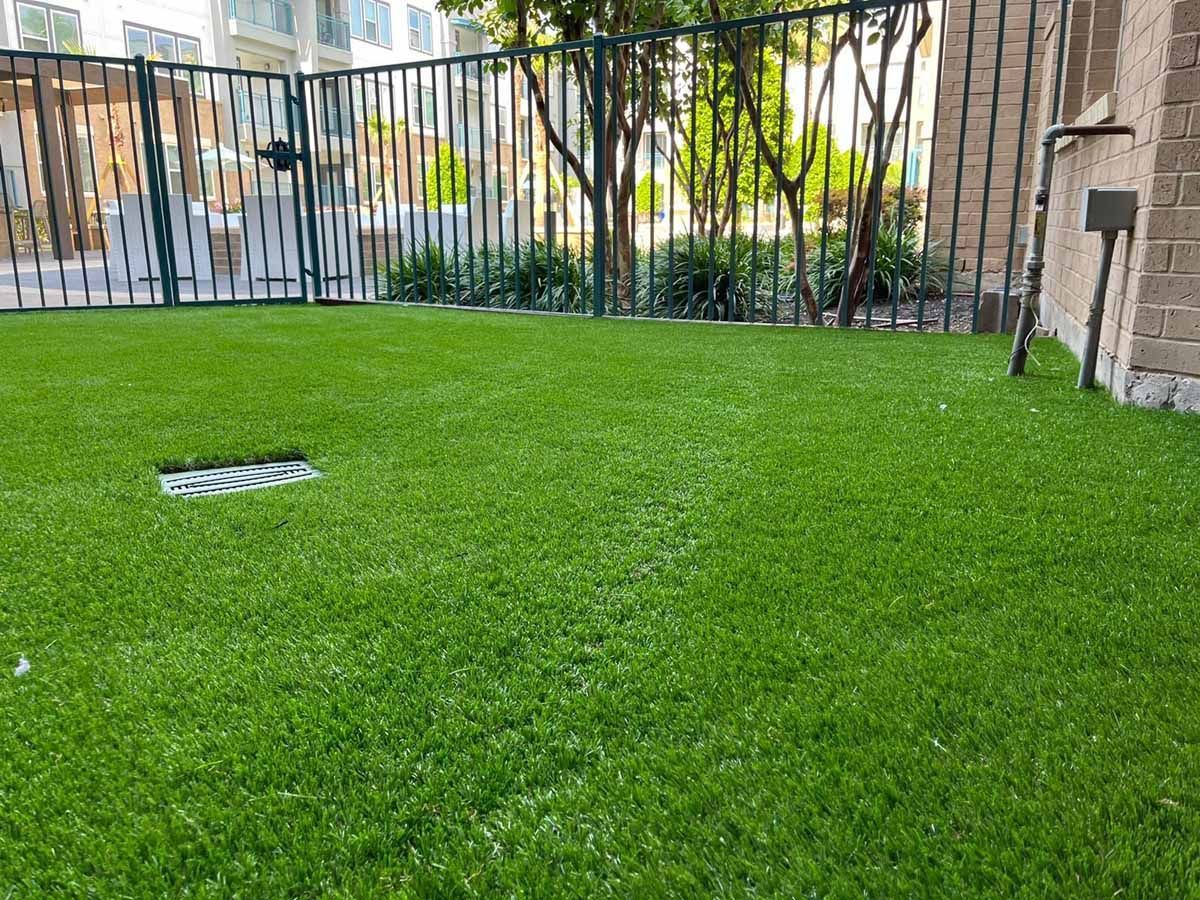 Green artificial turf in a fenced yard with a metal drain and building exterior in background.