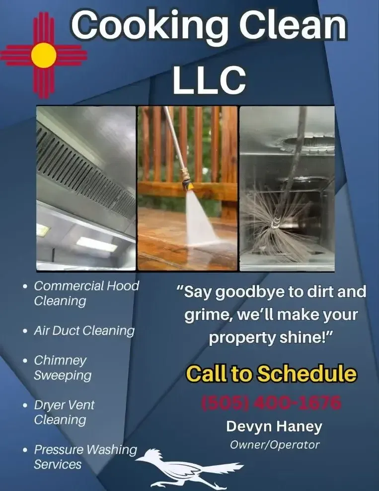 Advertisement for Cooking Clean LLC, a cleaning service, featuring photos of cleaning a hood, deck, and appliance. Includes contact info and services offered.