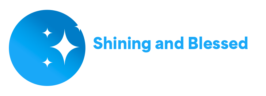 A blue circle with the words shining and blessed on it