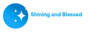 A blue circle with the words shining and blessed on it
