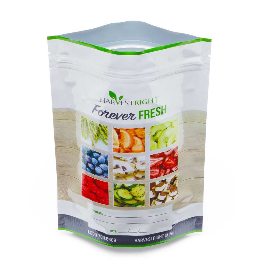 A transparent Harvest Right food storage bag with a colorful display of freeze-dried fruits and vegetables, labeled