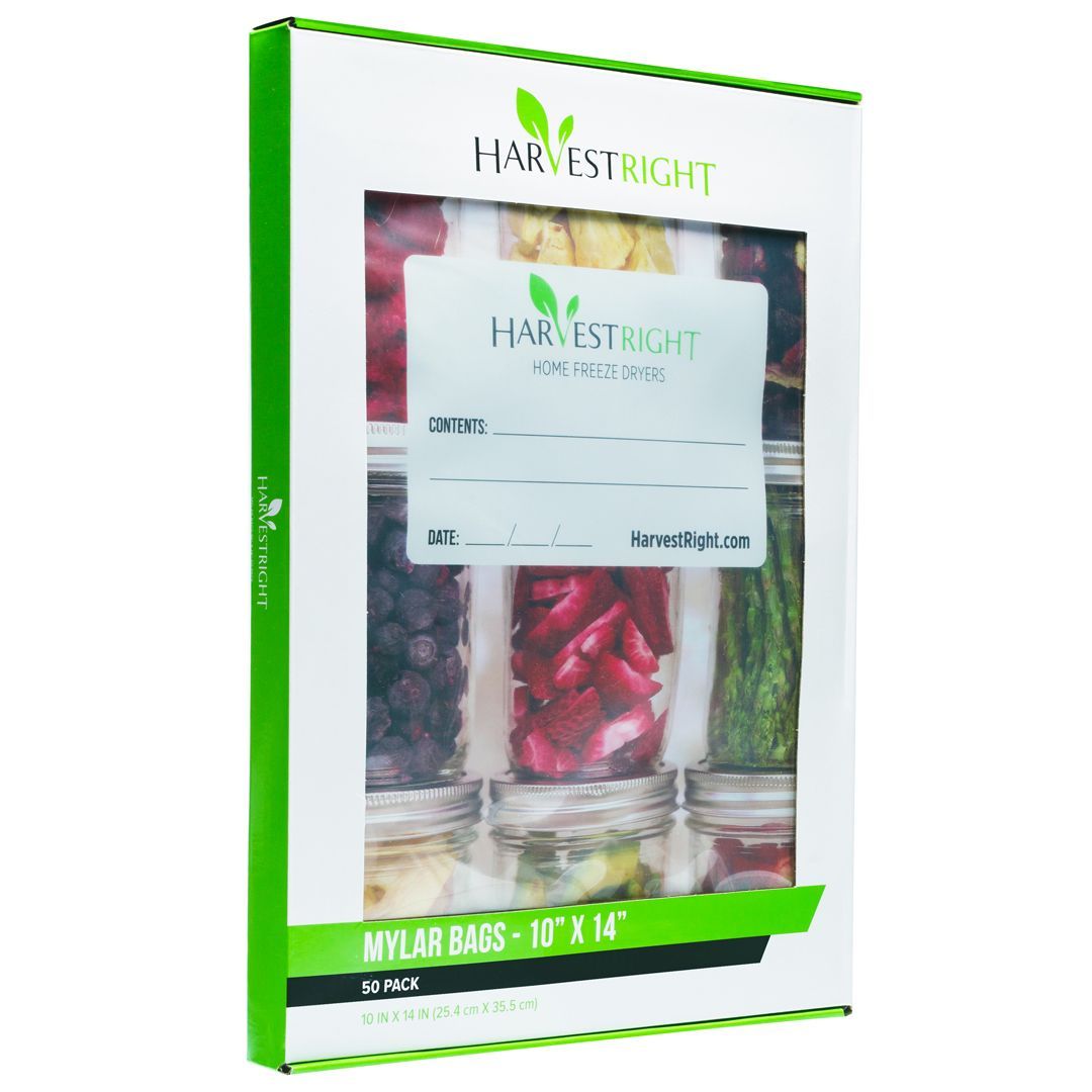 Box of Harvest Right Mylar bags, with a window showing bags of freeze-dried food. The box is white with green accents.