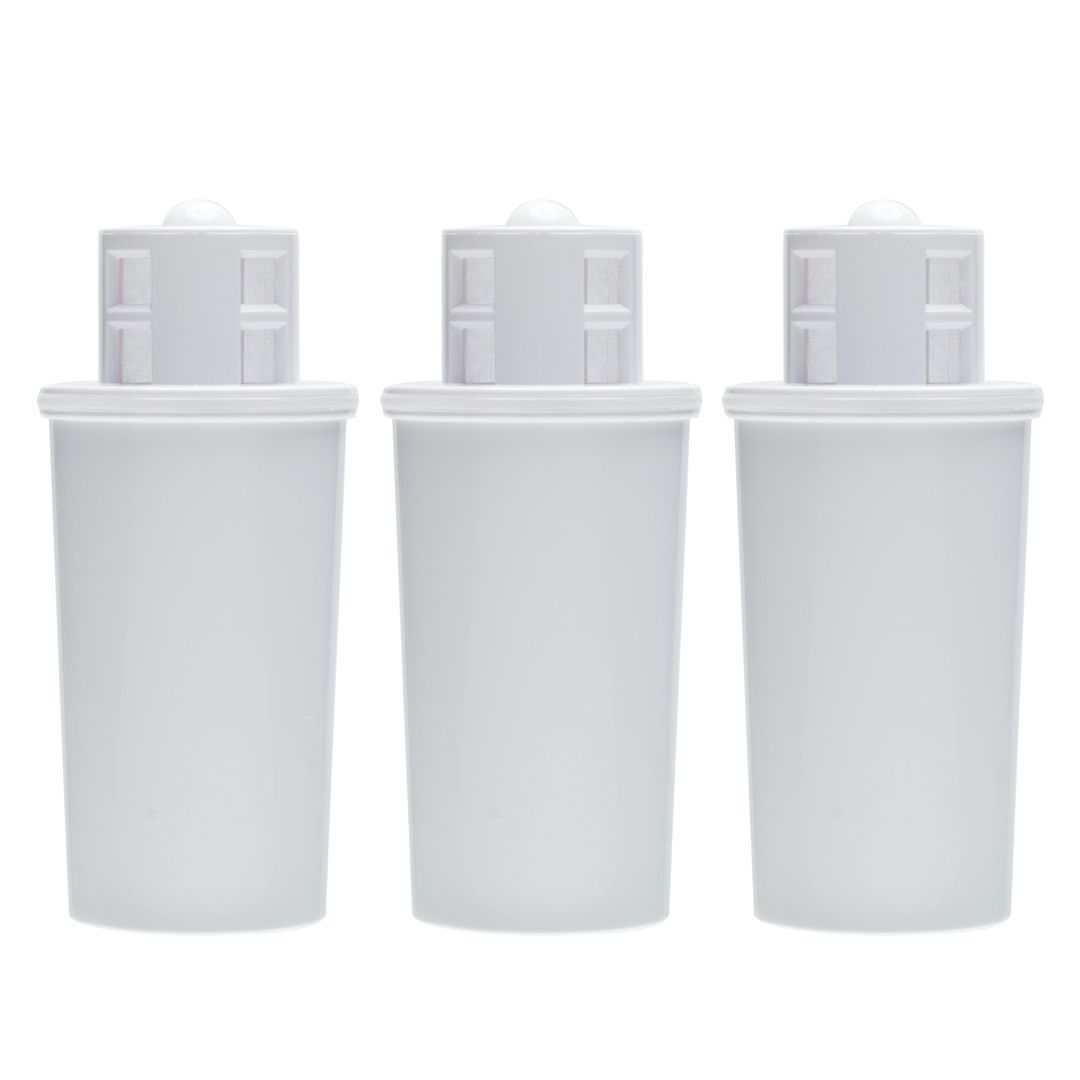 Three white water filter cartridges.