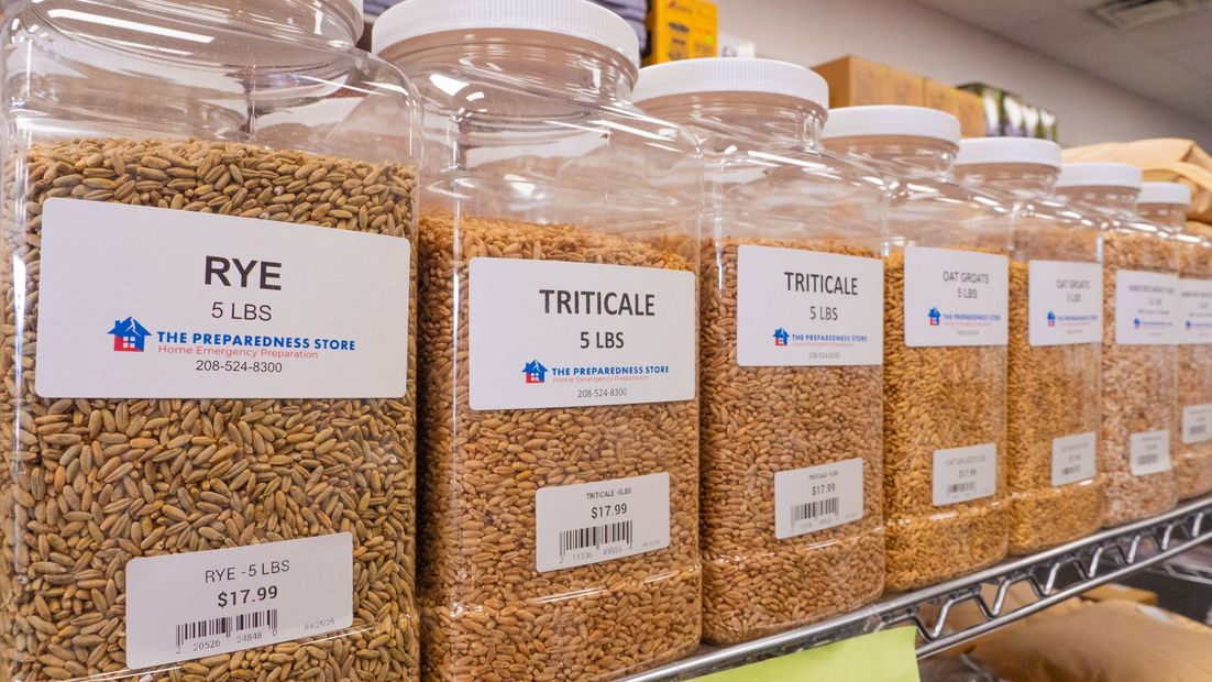 Jars of grains labeled 