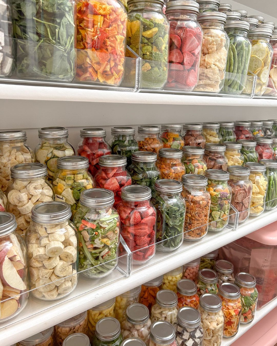 Shelves filled with rows of glass jars, each containing colorful dried fruits and vegetables, organized for storage.