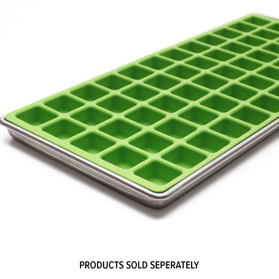 Green silicone ice cube tray inside a stainless steel frame.