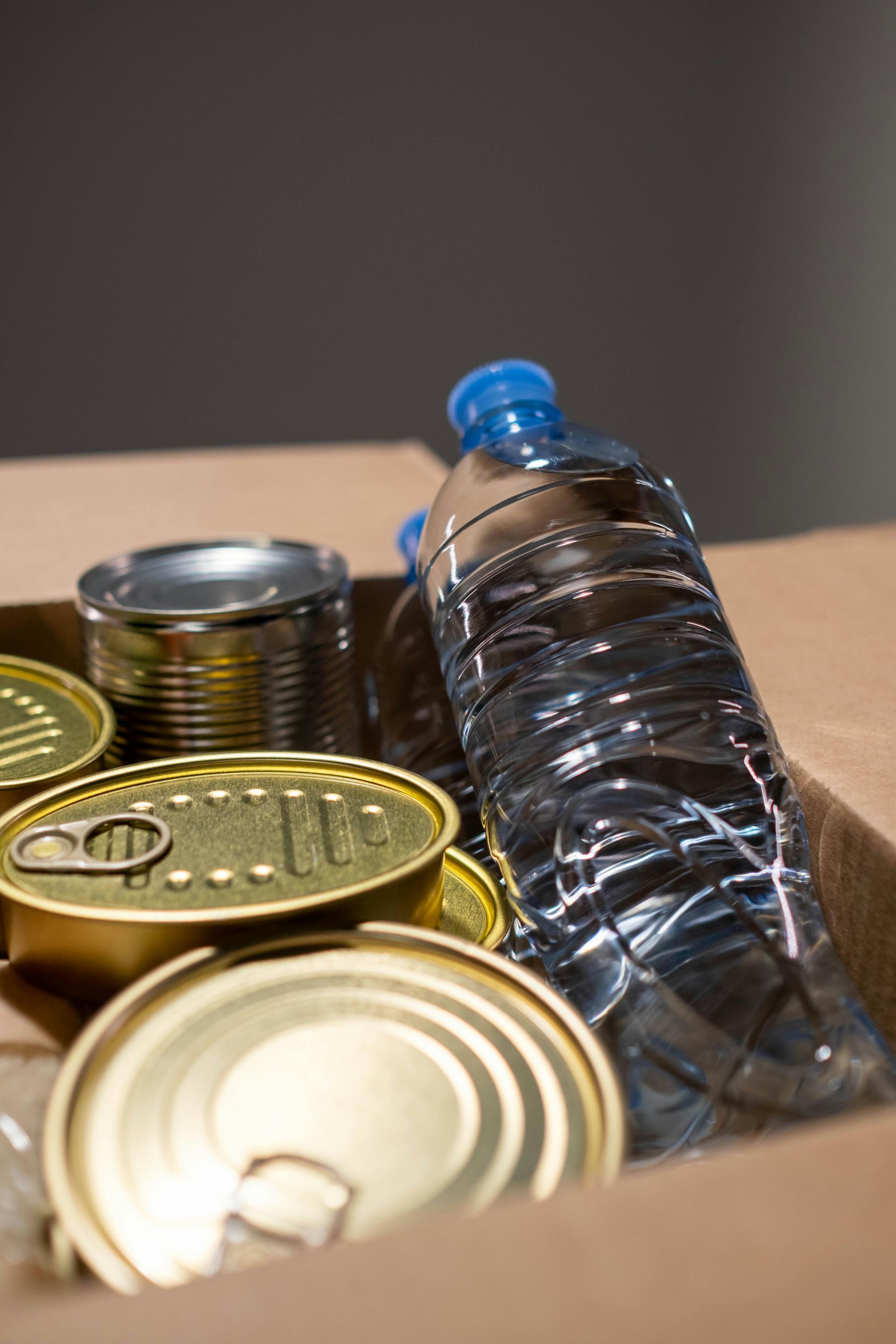 Cardboard box with canned goods and water bottles inside.